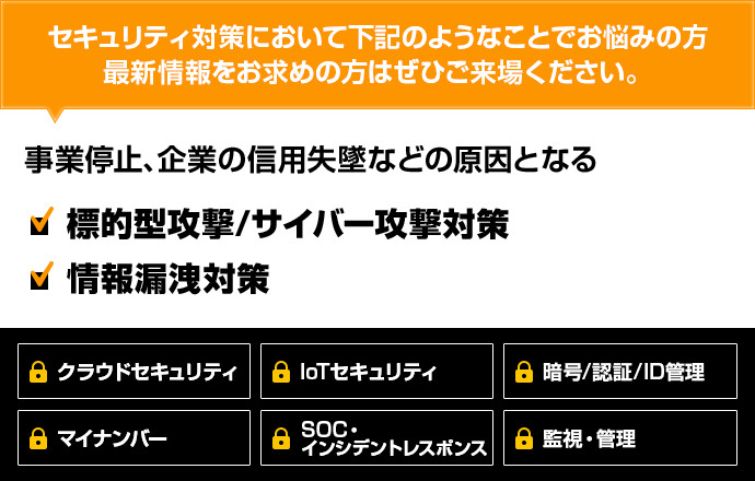 情報漏洩、事業停止、企業の信用失墜などの原因となる標的型/サイバー攻撃への対策、内部エラーへの対策。フィッシング対策、ID管理、ウィルス・スパム対策、スマートデバイスセキュリティ、クラウドセキュリティ、メール誤送信対策