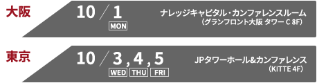 大阪 10/1 ナレッジキャピタル・カンファレンスルーム（グランフロント大阪 タワー C 8F）東京 10/3,4,5 JPタワーホール＆カンファレンス（KITTE 4F）